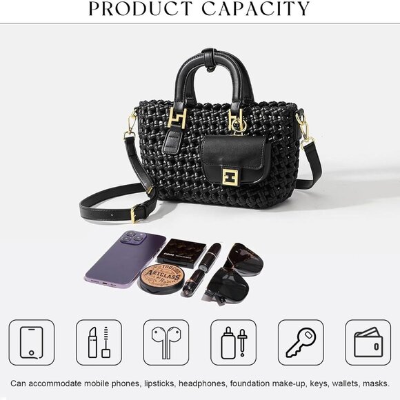 Elegant Vegan Leather Woven Crossbody Bag with Adjustable Strap - Rich Black - Picture 3 of 6